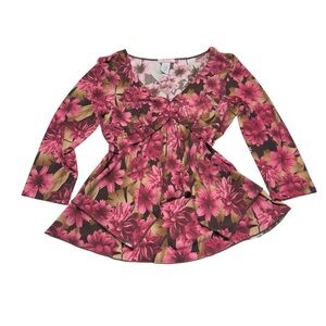Y2K Pink & Brown Floral V-Neck Front Twist 3/4 Sleeve Top Vol. 1